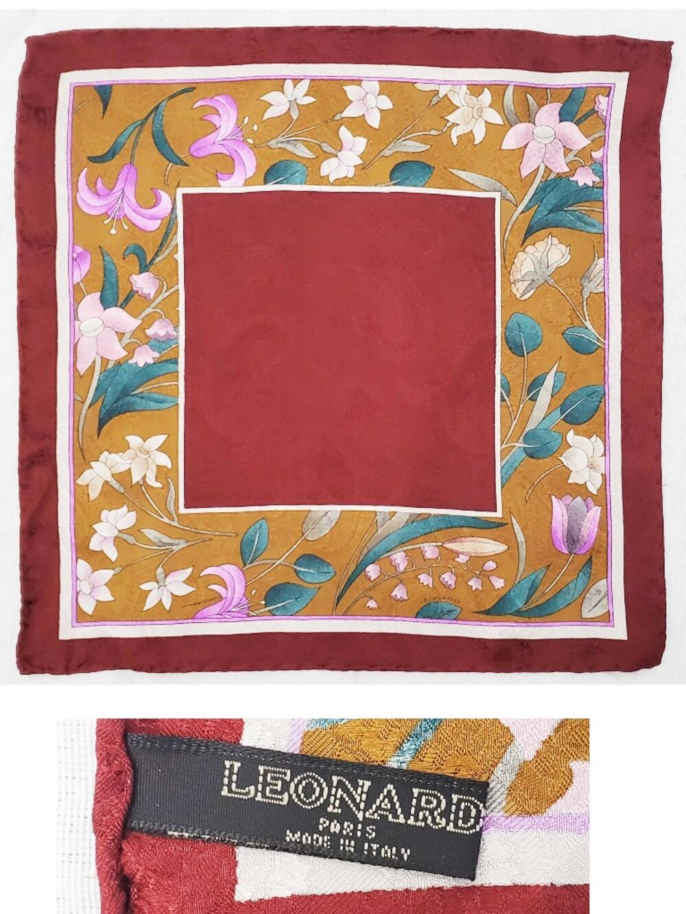 Leonard Paris Men's Vintage Silk Pocket Square Floral Tulips Burgundy